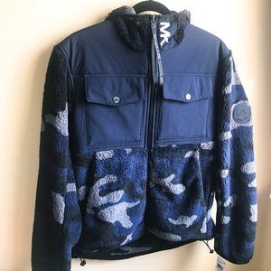 MICHAEL KORS Men's Navy Camo Full Zip Sherpa Jacket | Hooded with Pockets NWT